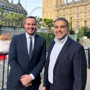 Simon Jupp, MP for East Devon, and Ahmed Goga, Director of the Great South West Partnership, outside the Houses of Parliament.