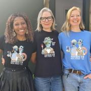 The core Sea Fest crew Tara Greifenberg, Louise Cole and Coco Hodgkinson in this year's 'Seas The Day Sea Fest 24' T-shirts