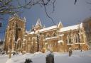 Ottery St Mary Church covered in snow