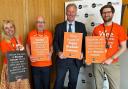 Andie Milne at Westminster with Sir Bill Wiggin MP and fellow Fight Bladder Cancer campaigners Jack and Michael