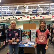 Sue Nicholson and Sharon Howe at the Veganuary stand in Sidmouth library in January 2023