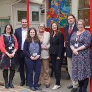 Education Secretary Gillian Keegan (sixth from left) visiting Tipton St John Primary School